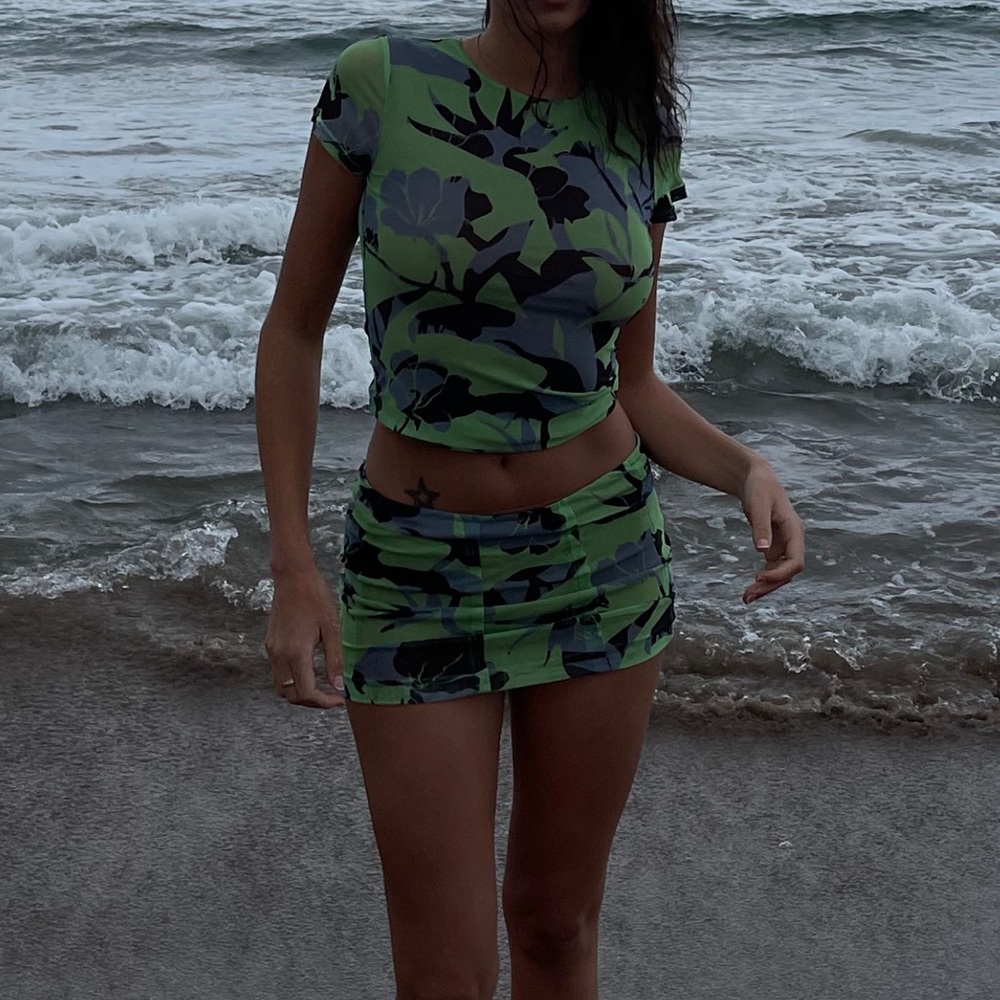 Tiger mist green flower print two piece set